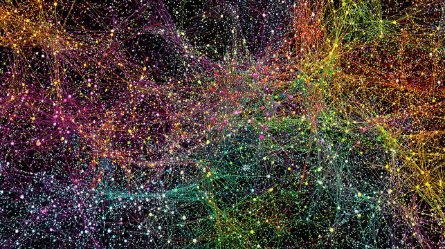 Machine learning algorithms visualized as colorful neural networks. 