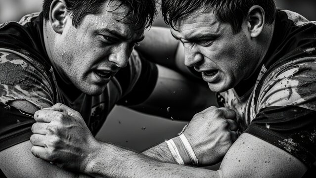 Two rugby players locked in an intense struggle in black and white.