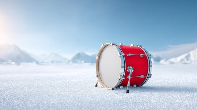 Red Bass Drum Solo in a Snowy Open Landscape with Mountains in the Background