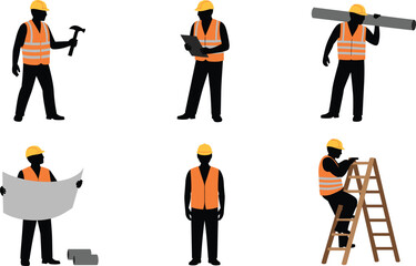 Fototapeta premium Construction worker silhouettes performing tasks with tools plans ladder and safety gear