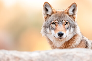 Obraz premium Close-up portrait of a grey wolf with amber eyes peeking over a rocky edge against a soft blurred background, concept of wildlife curiosity, predator gaze and wilderness observation