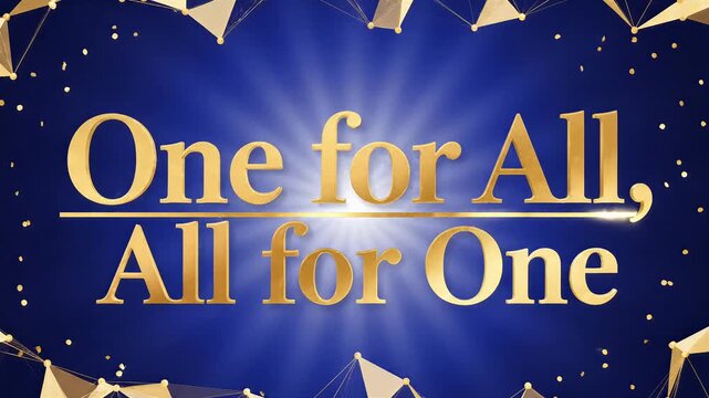 One for All All for One gold text animation, elegant teamwork quote on blue background, luxury unity and partnership concept video