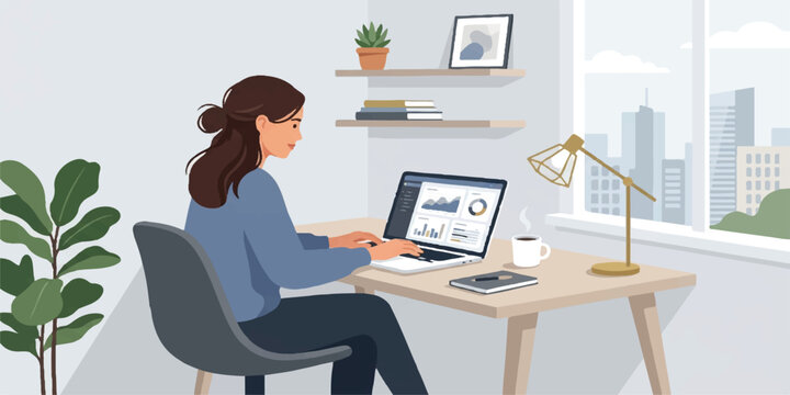 A smiling young businesswoman sits at an office desk indoors, typing on her laptop keyboard as she uses modern internet technology for business communication