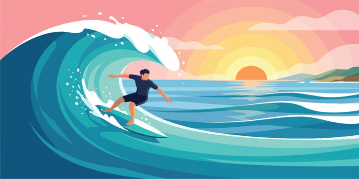 Abstract vector illustration of a young woman surfer running on a blue summer beach with ocean waves and a sun silhouette