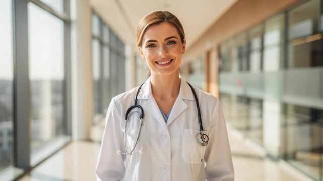 Confident female doctor in white coat with stethoscope smiling warmly in medical environment