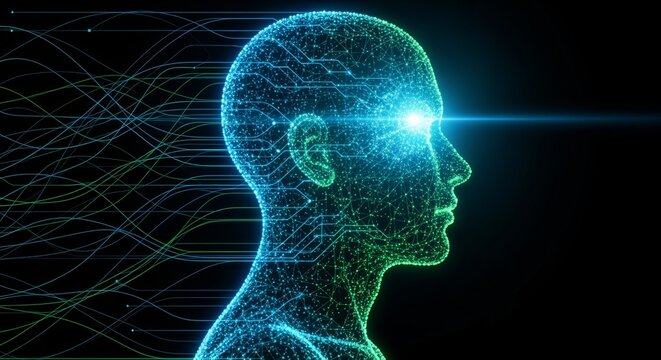 Digital Human Head Silhouette Glowing with Technology and Data Streams