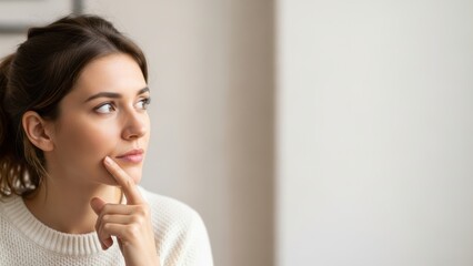 Fototapeta premium Thoughtful young woman looking away with her finger on her chin.