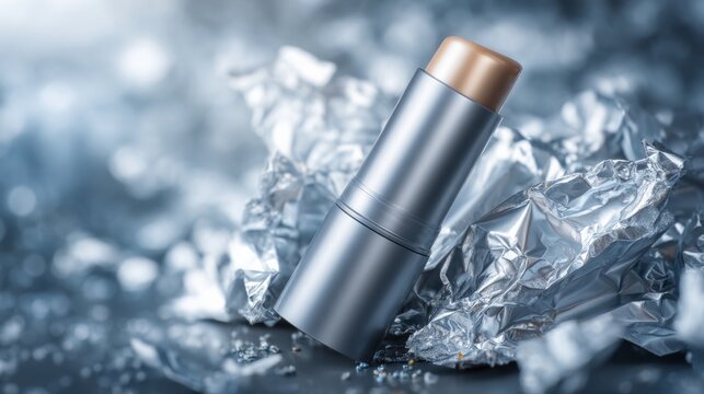 Metallic Tube of Balm Among Scattered Foil Fragments on a Gray Surface