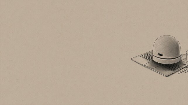 Monochrome sketch featuring a minimalist desk setup laptop, round device, pencil on light background