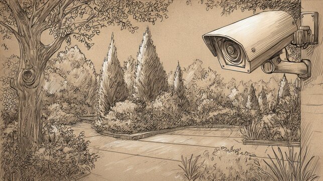 A pencil sketch depicting a security camera overlooking a garden path with lush foliage