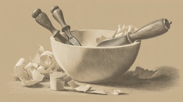 Still life drawing of a wooden bowl with chisels and wood shavings in sepia tones