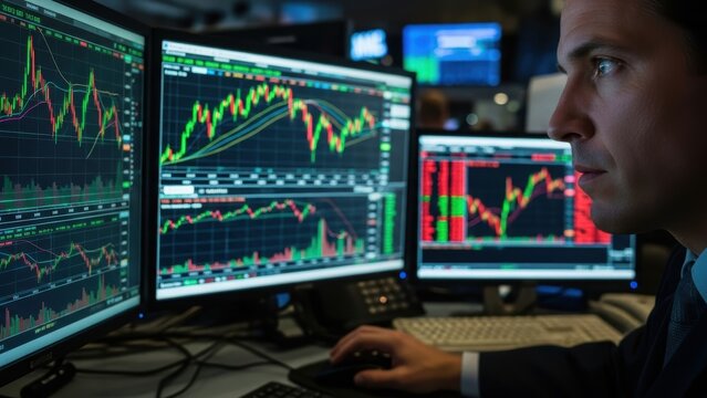 Stock trader analyzing financial charts on multiple computer screens.