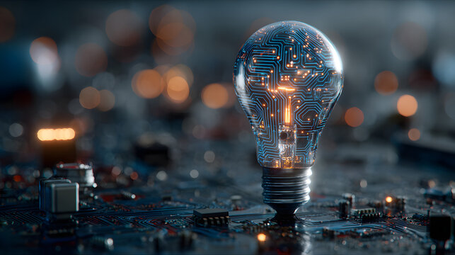 Artificial intelligence concept showing a high-tech circuit board inside a lightbulb.