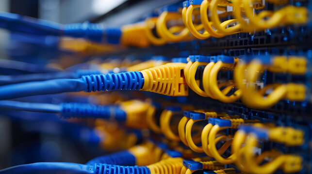 Professional IT infrastructure showing flawless network cable management in a datacenter.