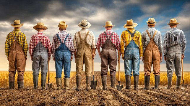 Group of Farmers Standing in Line, Facing Large Field Under Dramatic Sky