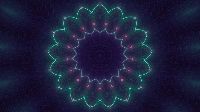Neon Kaleidoscope Mandala Geometric Pattern &mdash; Cyan Purple Glowing Psychedelic Abstract Motion Background