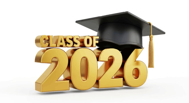 Class of 2026 3d icon. Congratulation graduates design template with black cap and numbers. Gold graduation typography education illustration for ceremony, party, greeting card. 3D Illustration