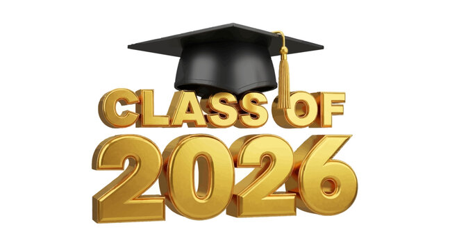 Class of 2026 3d icon. Congratulation graduates design template with black cap and numbers. Gold graduation typography education illustration for ceremony, party, greeting card. 3D Illustration