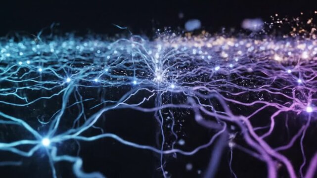 Glowing neurons connect in a vibrant network across the dark background