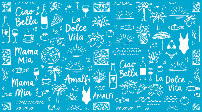 Italian summer vacation pattern with white illustrations on blue background