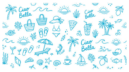 Summer vacation icons and ciao bella phrases on white background beach symbols and illustrations © Meizan 