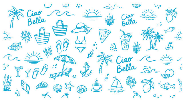 Summer vacation icons and ciao bella phrases on white background beach symbols and illustrations