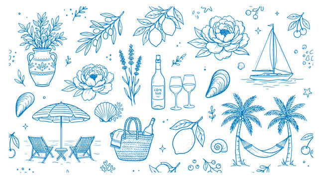 Beach vacation icons blue line drawings of summer elements tropical getaway symbols wine palm trees flowers and leisure