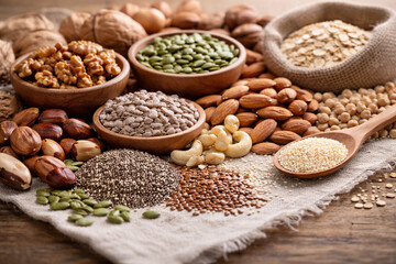 Fototapeta premium natural grains seeds and nuts on linen fabric close up