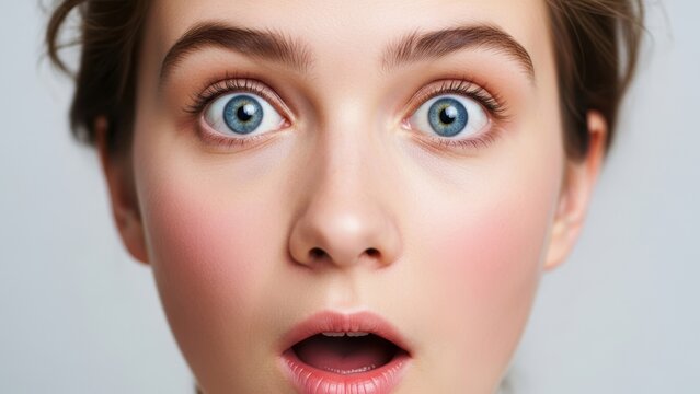 Surprised face of a young woman with wide blue eyes.