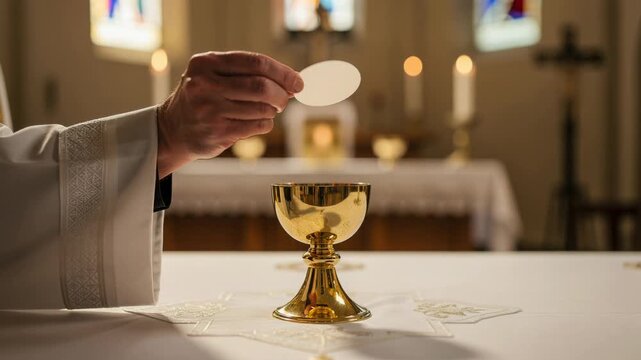 Catholic priest holding communion wafer over golden chalice inside softly lit church ceremony