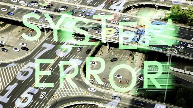 glitching text with words system error and city scene