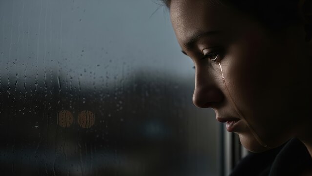Melancholy woman with a tear, looking out a rainy window.