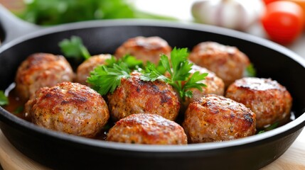 Fototapeta premium Cooked meatballs in frying pan with parsley garnish