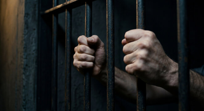 prisoner's hands behind bars with black background