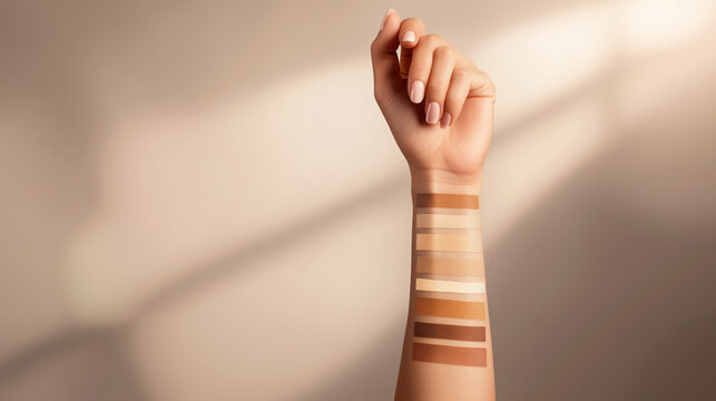 Woman's arm displaying multiple cosmetic foundation swatches, harmonizing with different complexions for diverse skin matching