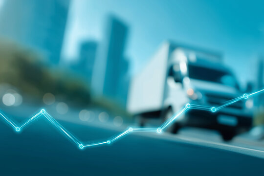 Navigating Commerce: A dynamic line graph overlays a blurred cityscape and moving commercial vehicle, symbolizing growth, progress.