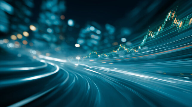 Urban finance: Capturing the dynamic essence of financial progress, a sweeping urban landscape morphs with illuminated chart lines, reflecting the forward-moving growth of financial markets.