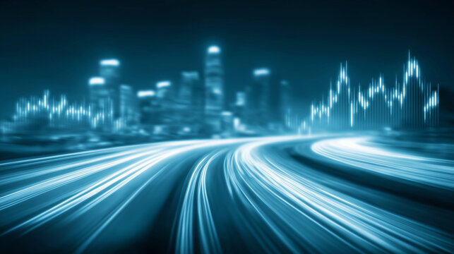 Trading Highway to the Future: The city lights and financial data streams blend on a futuristic highway, evoking the energy of the stock market and the speed of progress.