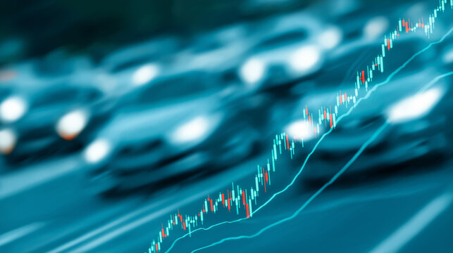 Road to Progress: A conceptual image symbolizing economic growth and urban transportation, with a blurred highway filled with vehicles juxtaposed with an ascending line graph.