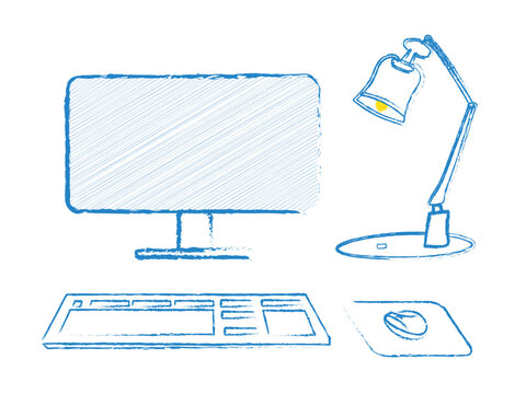 desk monitor and computer accessories chalk brush doodles with a table lamp