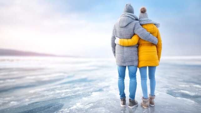 Couple Embracing by the Frozen Lake at Sunset in Winter Wonderland Scene