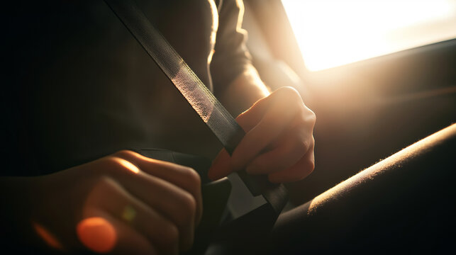 Person's hands fastening a seatbelt inside a car, ensuring protection before travel with sunlight entering through the window