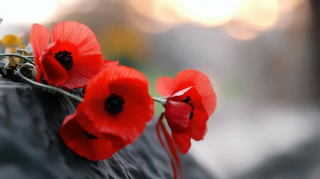 Red poppy wreath symbolizing remembrance, sacrifice, and peace, placed on a somber dark monument, honoring veterans and fallen soldiers on D Day Anniversary. D Day Anniversary