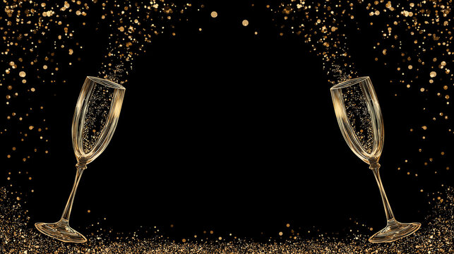 A festive illustration of two elegant champagne glasses forming a frame with golden glitter confetti on a dark black background.