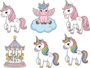 Cute unicorn vector set with rainbow mane, winged unicorn and carousel illustration © Sumon Creative