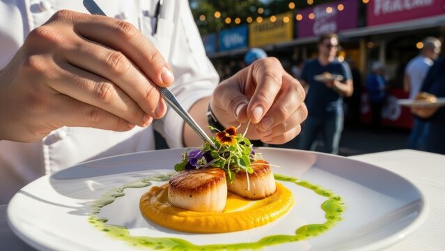 Chef using tweezers to carefully garnish a dish of seared scallops at an outdoor event.