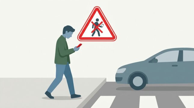 Pedestrian Distracted by Smartphone Near Crosswalk With Safety Warning Sign Visible in the Background