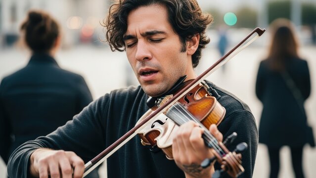 Street musician with his eyes closed, passionately playing the violin in a public square.