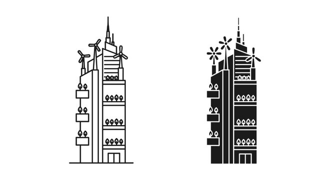 Green building icon set with wind turbines and plants, outline and solid style, white background, vector Illustration