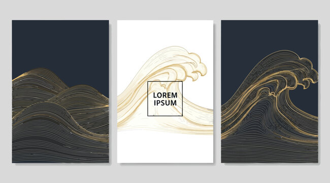 Set of abstract posters with golden waves, japanese style, line art illustration